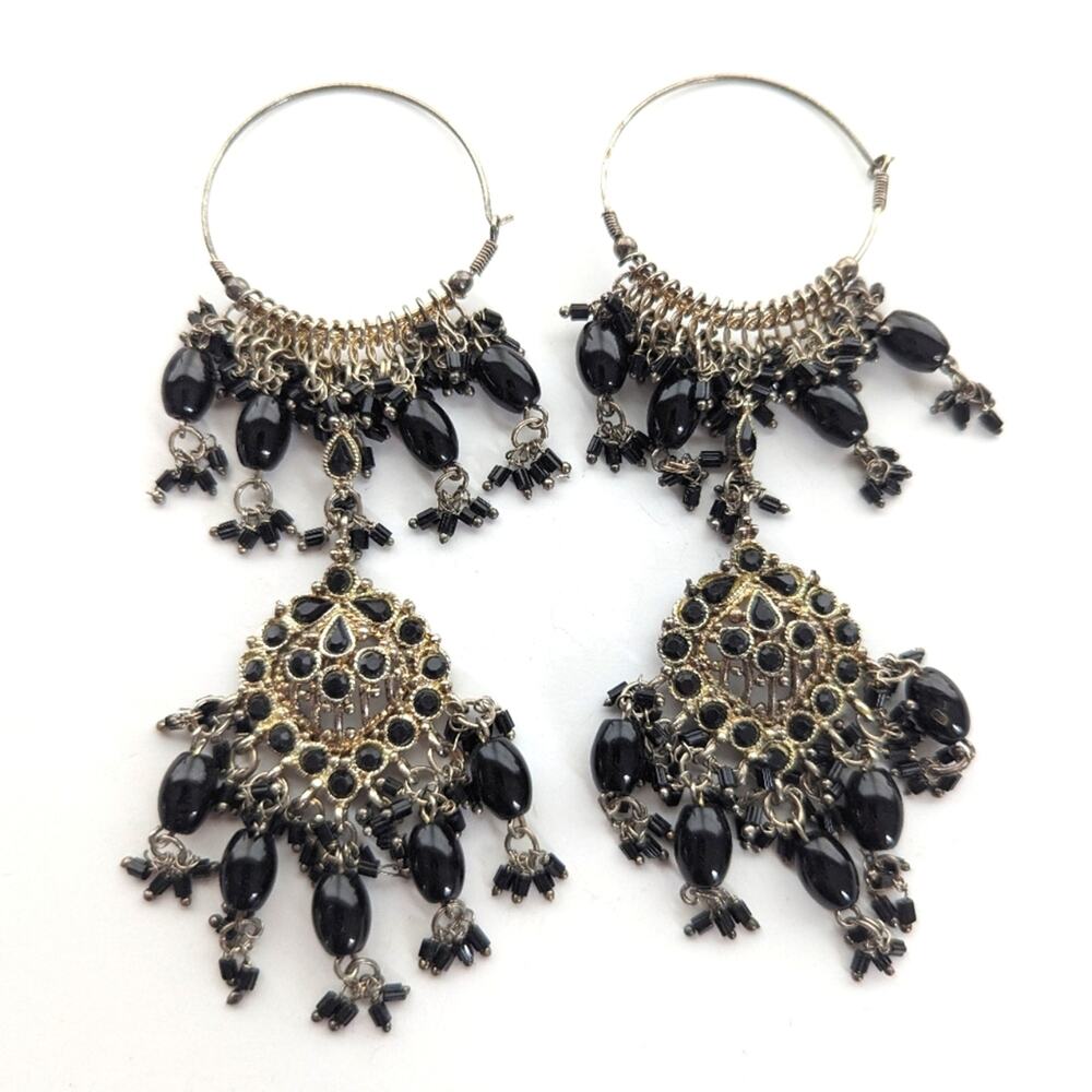 Stunning Long Black Beaded Rhinestone Chandelier Dangle Boho Festival Earrings